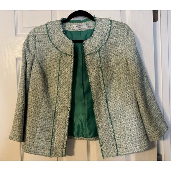 Kasper Tweed Blazer Jacket 10 Preppy Green White Gold Metallic Open Front - Picture 7 of 15